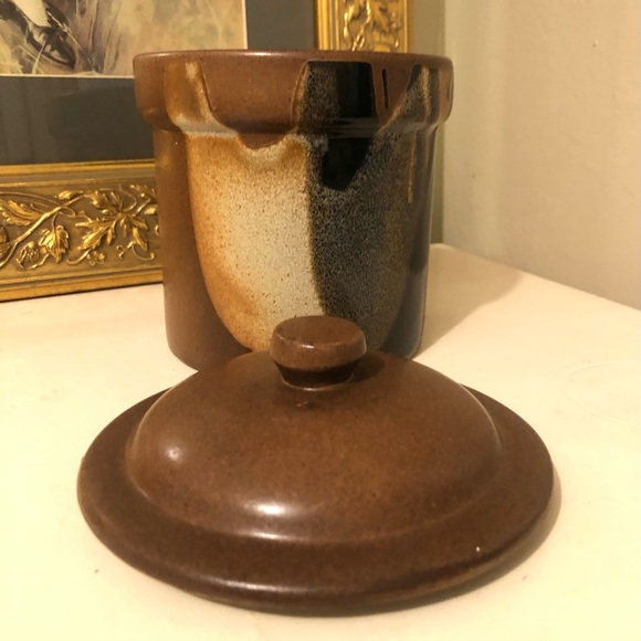 8037 Vintage Pottery Craft Jar with Lid Cocoa Brown Tan Black Knobbed Lid - Picture 9 of 13